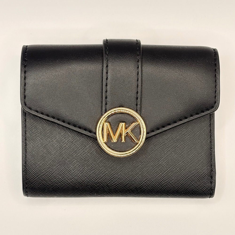 Michael Kors Black Leather Trifold Wallet Gold MK‎ Logo Medallion Snap Closure